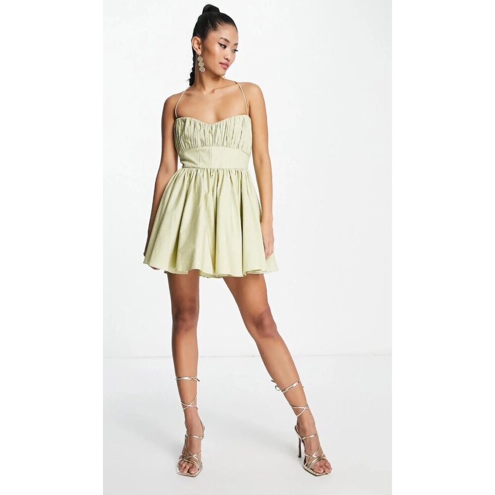 Asos Design Cotton Structured Mini Dress With Corset Detail In Light Green Sz 8 - Picture 3 of 12